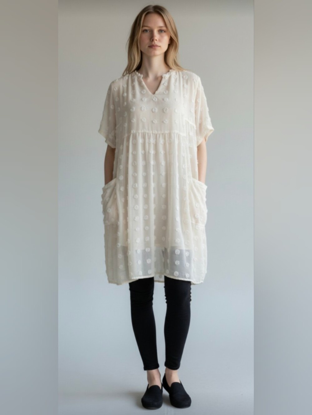 MIHOLL! FAB CHAMPAGNE TAN/CREAM- FLOCKED POLKA DOT CHIFFON DRESS/TOP! XL